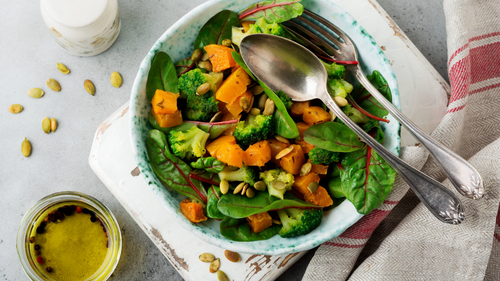 Roasted Broccoli & Sweet Potato Salad with Creamy Tahini Dressing (Ve)